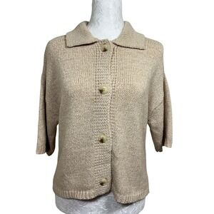 Flat White Beige Collared Knit Short Sleeve Button Up Cardigan Sweater Womens S